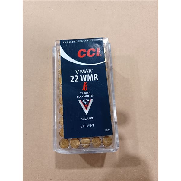 ONE BOX OF CCI V-MAX 22 WMR 30 GRAIN AMMO