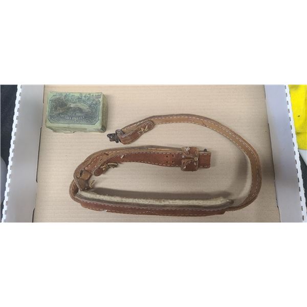 PADDED LEATHER GUN SLING & .270 CAL. 1820 SIERRA BULLET BOX (EMPTY)