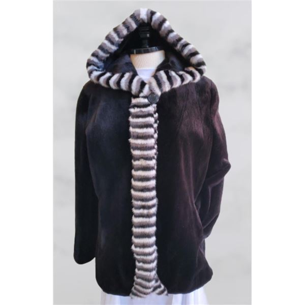 BLACK DYED SHEARED MINK WITH BLACK, BLUE IRIS & WHITE MINKCOAT