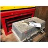 Image 1 : RED METAL TOOL BOX AND PORTABLE PLASTIC TOOL BOX WITH ELECTRIC MOUSE SANDER AND SAND PAPER