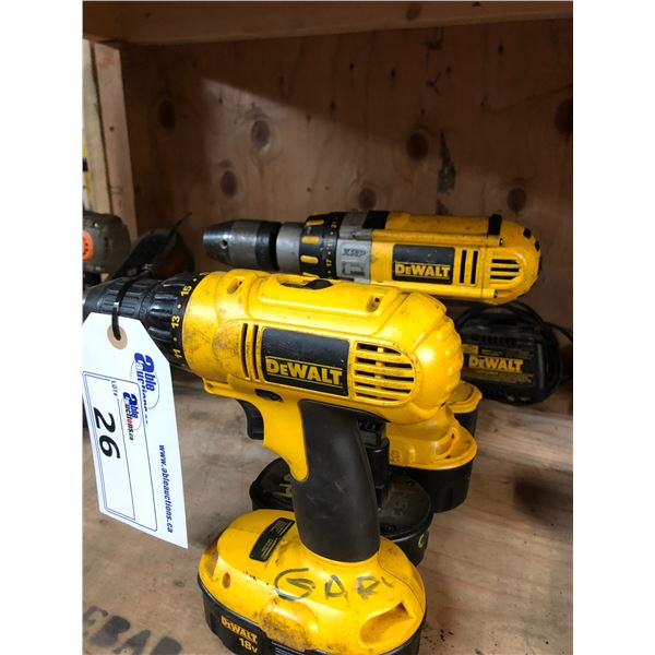 2 DEWALT CORDLESS DRILLS WITH CHARGER AND 4 BATTERIES
