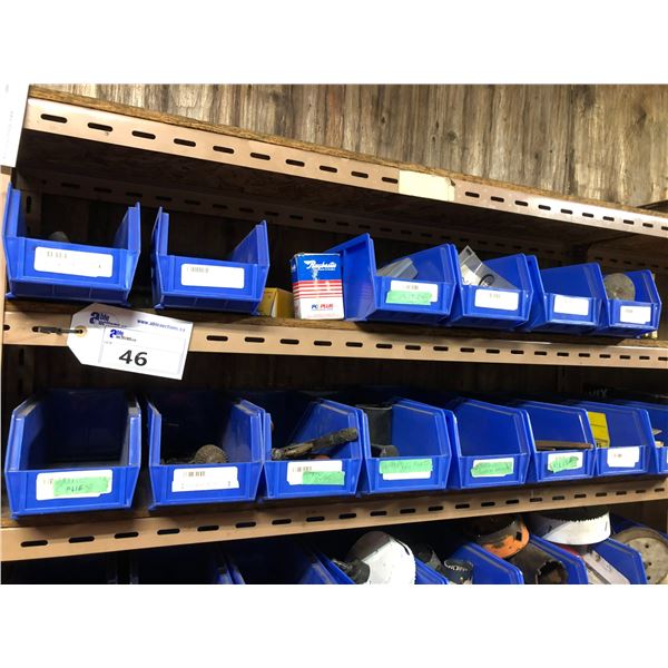 2 SHELVES OF ASSORTED HARDWARE CONTENTS OF BLUE BINS