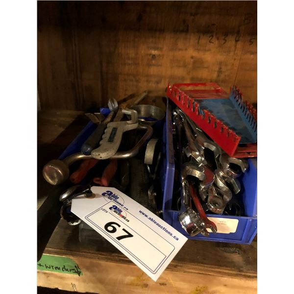 2 BINS OF ASSORTED SMALL HAND TOOLS & WRENCHES