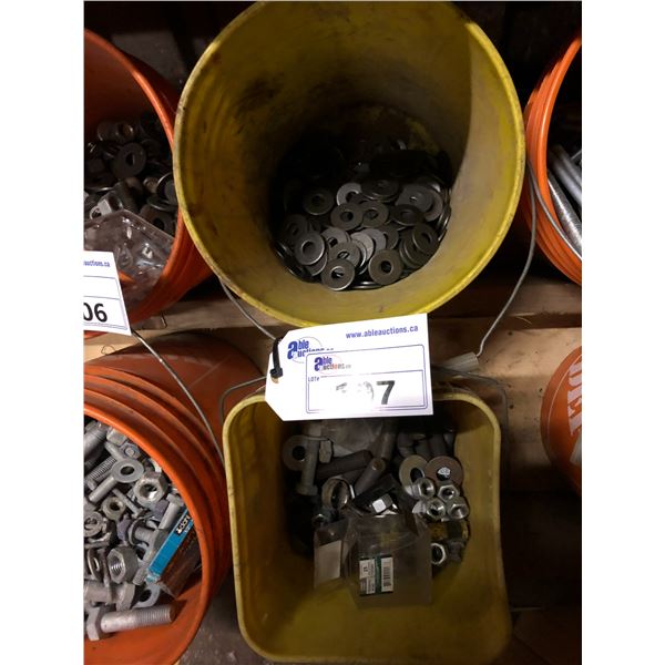 2 ORANGE BUCKETS OF STEEL NUTS & ASSORTED HARDWARE