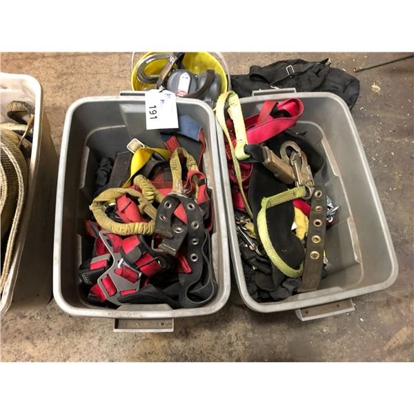 2 BINS OF ASSORTED FALL ARREST HARNESSES, 1 BUCKET OF ASSORTED FALL ARREST HARNESSES