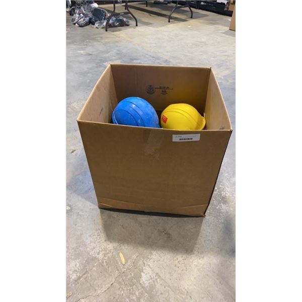 BOX OF HARD HATS AND WORK HELMETS