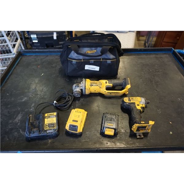 DEWALT CORDLESS TOOL SET - INCLUDES ANGLE GRINDER, IMPACT GUN, 2 BATTERIES, CHARGER AND TOOL BAG - T