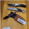 Image 1 : NEW LINTON FOLDING KNIFE, MTECH FOLDING KNIFE AND 3 NEW THROWING KNIVES