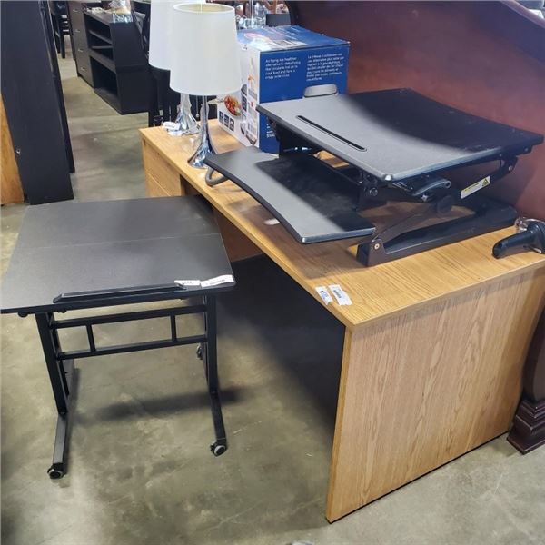 BLACK ADJUSTABLE GAS LIFT TABLE RISER WITH TRAY AND BLACK ADJUSTABLE TWO SECTION ONE TILT TABLE RISE