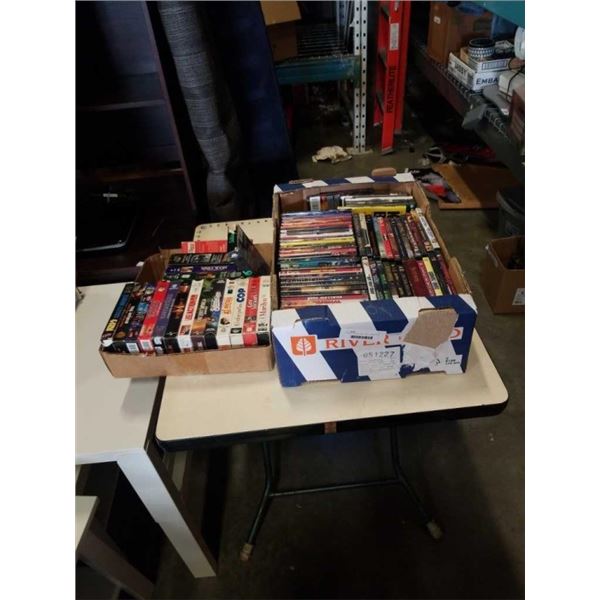 2 BOXES OF DVDS AND VIDEO CASSETTES