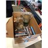 Image 1 : BOX OF DVDS AND GLASS VASE AND PITCHER ON STANDS