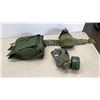 Image 1 : MILITARY BELT WITH POUCHES, SIZE MEDIUM CANADIAN GAS MASK AND CANTEEN