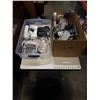 Image 1 : BOX AND TOTE OF TABLE LAMPS WITH HEARING AID PHONE AND RETRO  TELEPHONES