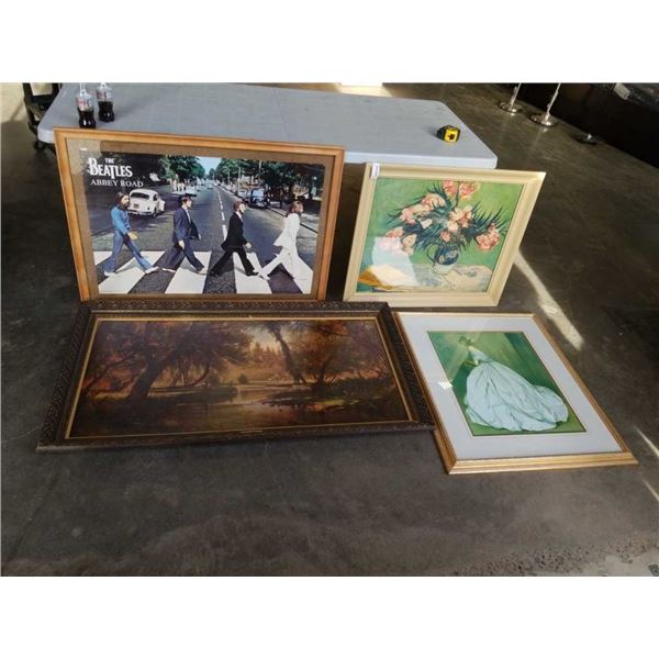 FRAMED BEATLES ABBEY ROAD POSTER AND 3 PRINTS