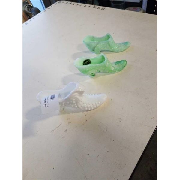 3 GLASS SHOES - 2 URANIUM GLASS, ONE MILK GLASS