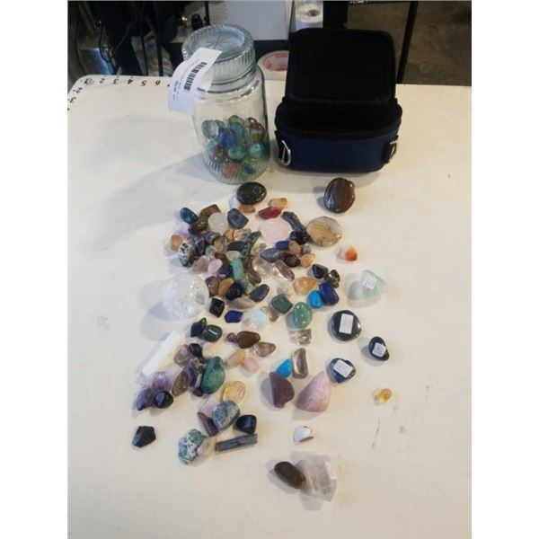 2.2 POUNDS OF SEMI PRECIOUS STONES AND JAR OF MARBLES