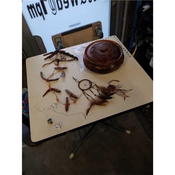 CARVED LIDDED BOWL, DREAM CATCHERS AND CARVED WOOD DECORATIONS