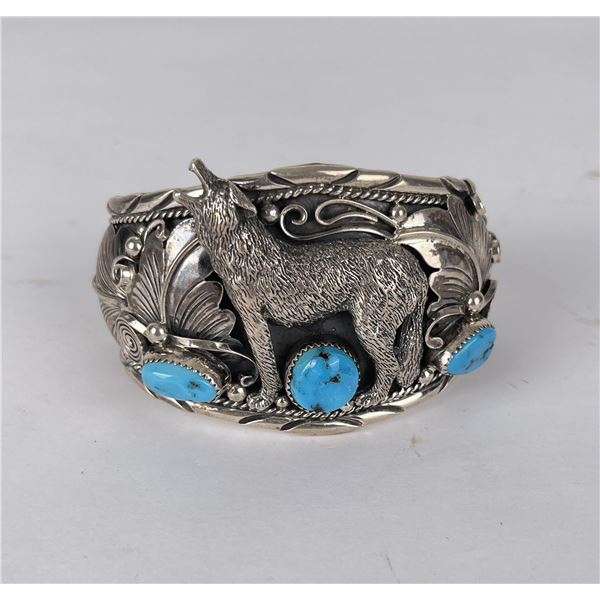 Navajo Sterling Silver Turquoise Wolf Bracelet