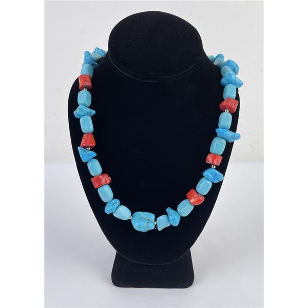 Navajo Turquoise Coral Sterling Silver Necklace