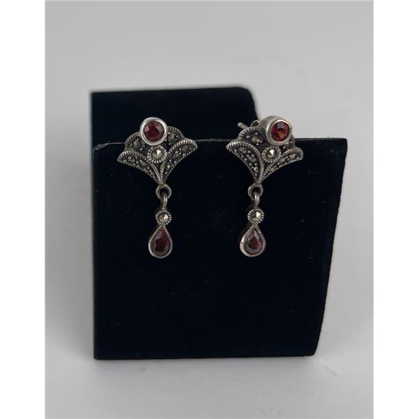 Garnet Marcasite Sterling Silver Earrings