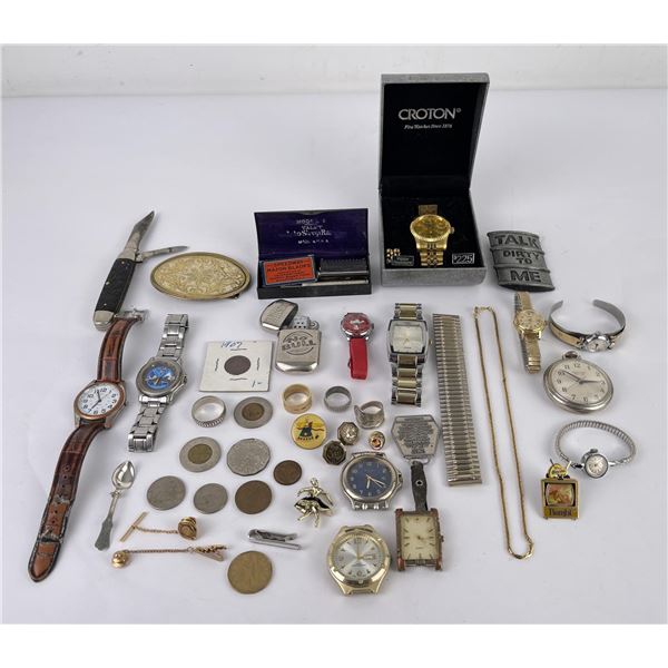 Assorted Lot Vintage Men's Jewelry Watches Coins