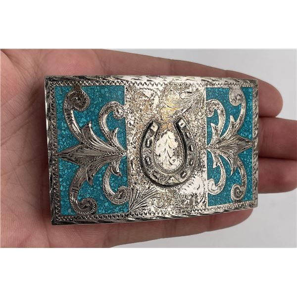 Sterling Silver Turquoise Inlay Cowboy Belt Buckle