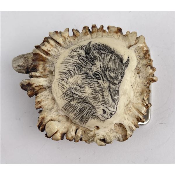 Elk Horn Montana Belt Buckle Buffalo Scrimshaw