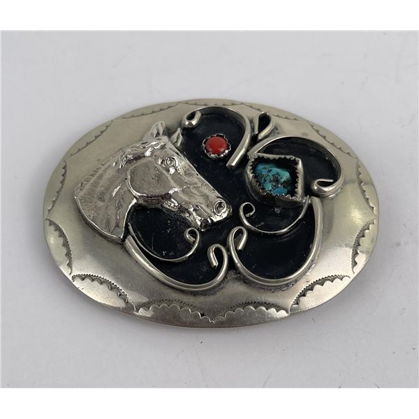 Navajo Turquoise and Coral Belt Buckle