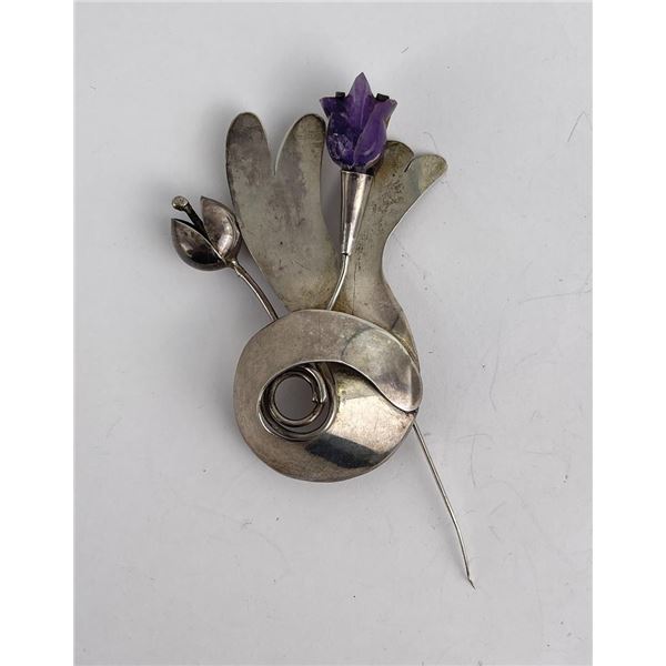Taxco Sterling Silver Amethyst Floral Brooch