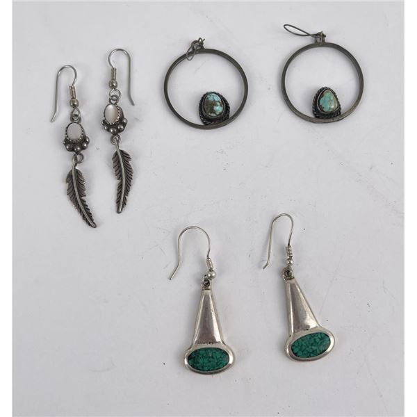 3 Sets of Sterling Turquoise Navajo Earrings