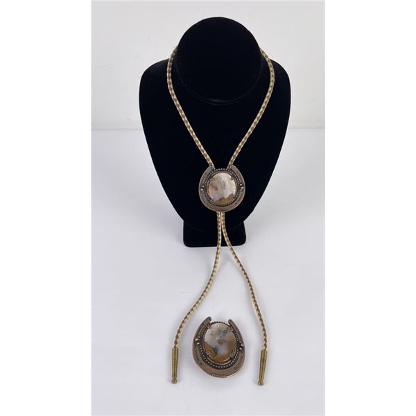 Cowboy Picture Agate Belt Buckle and Bolo Tie