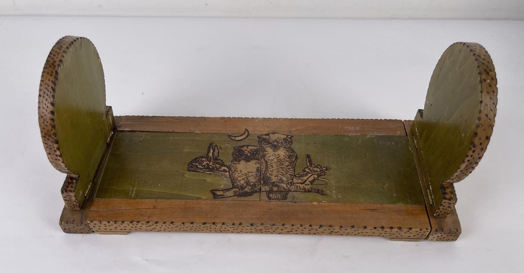 Antique Pyrography Folding Wood Bookends Owls