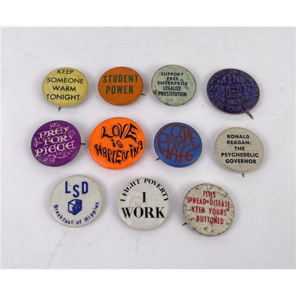 Lot of Anti War Hippie Free Love Pins 1960s