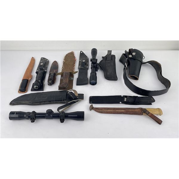Group of Hunting Knifes Holsters Scopes