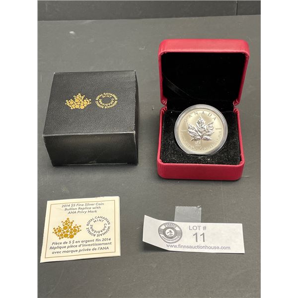 RCM 2014 $5 Fine Silver Coin American Numismatic Association Maple Leaf in Original Packaging