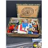 Image 2 : Sewing Collectible Lot in Cigar Box, Threads, Buttons, Etc