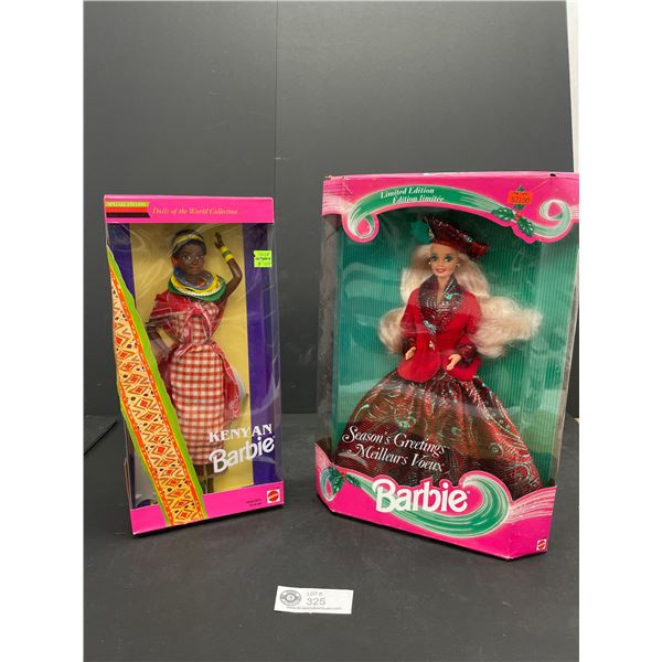 Lot of 2 Barbie Dolls - Kenyan Barbie and Limited Edition Seasons Greetings Barbie