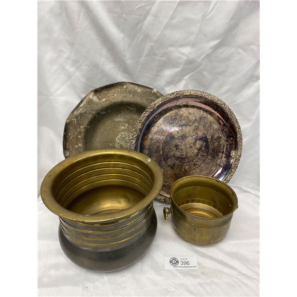 Collectible Lot - Brass Planters, Pots, Etched Serving Trays, Etc