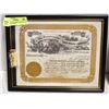 Image 1 : FRAMED GOLD MINE SHARE W/ VIAL OF GOLD FLAKES