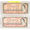 LOT OF 2 1954 CANADIAN 2 DOLLAR BILLS