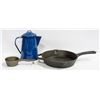 Image 1 : CAST IRON FRYING PAN, SAUCE PAN AND ENAMEL KETTLE