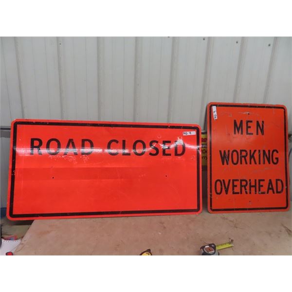 2 Metal Construction Signs 1) Road CLosed Sign 24" x 27" & 1) Men Working Overhead 24" x 29"