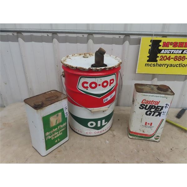 3 Oil Cans - Coop Oil 5 Gal- Castrol Oil 1 GAL- Brake Fluid 4 Litre