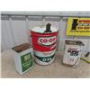 Image 1 : 3 Oil Cans - Coop Oil 5 Gal- Castrol Oil 1 GAL- Brake Fluid 4 Litre