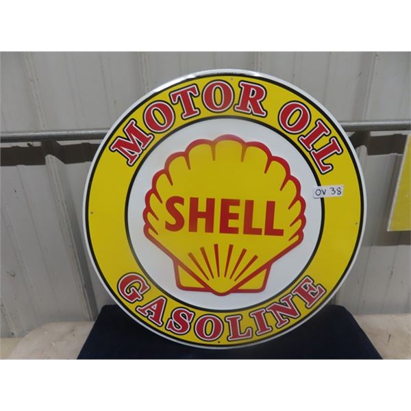 (OV)Metal Embossed Shell Motor Oil SIgn 24" Round. Modern Mint