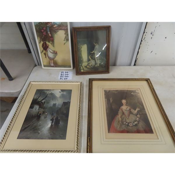 4 Framed Pictures, Antique Eurpean, Art #8183, Dickens Pheasant Night, JW Gozzard, North Shop Welsh,