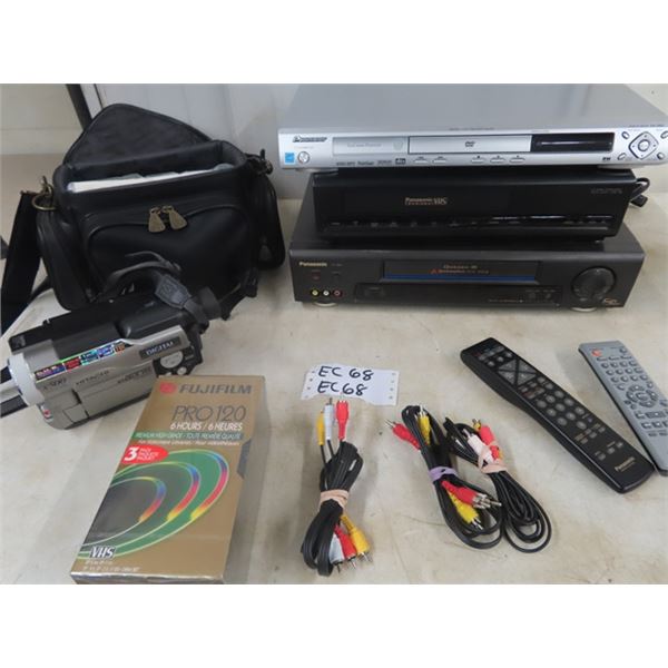 2 VHS Players - Panasonic, Pioneer, DVD Player w Remotes, Hitachi Cam Corder