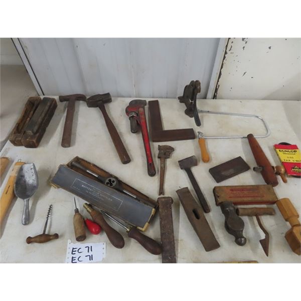 25 Vintage Tools, Hammer, Knife Sharpeners Pipe Wrench Plus More