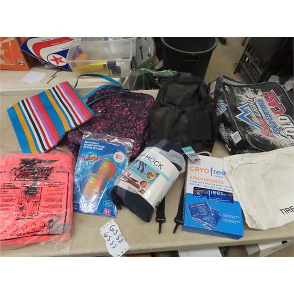 5 Items- Bags, Cooler Bags, Safety Rain Coat, Freezer Packs, Hammock