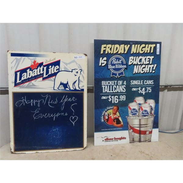 2 items -1) Labbatts Lite Menu Board 24"x32" 1) Pabst Corrigated Sign 24"x36"